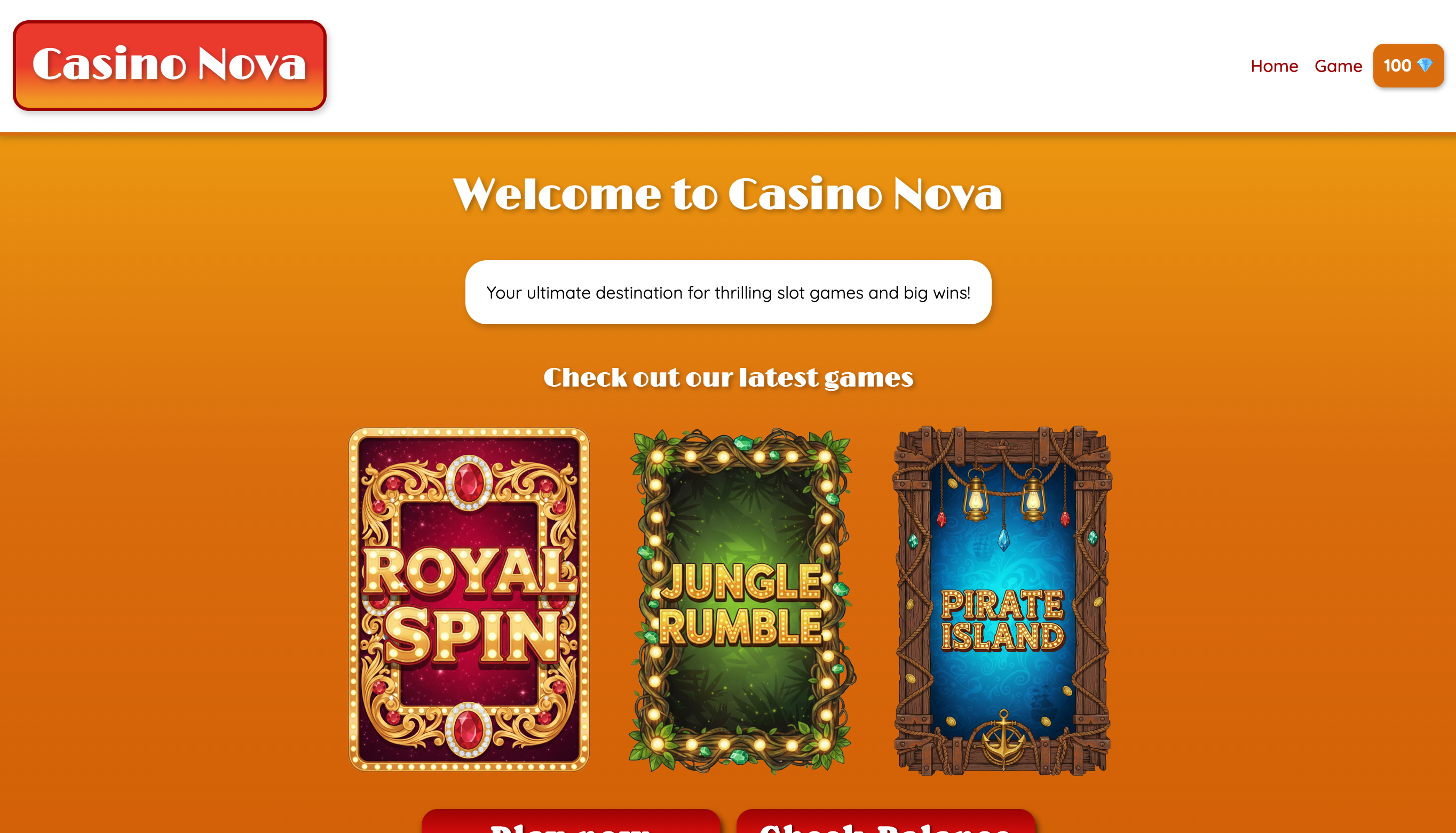Screenshot of the Casino Nova home page on desktop