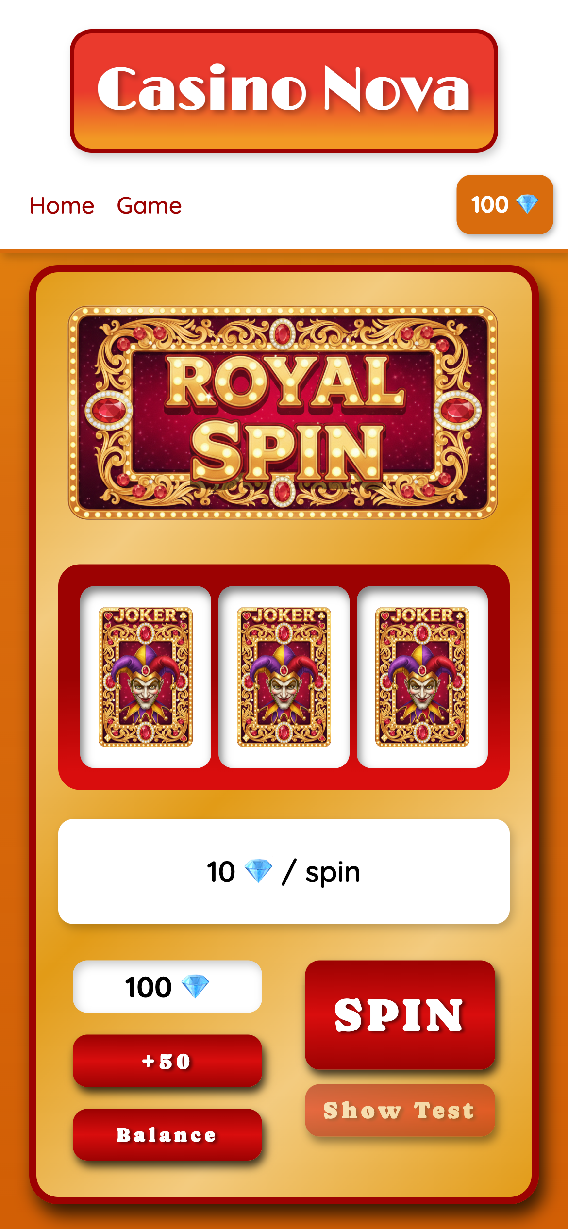Screenshot of the Casino Nova game page on mobile.
