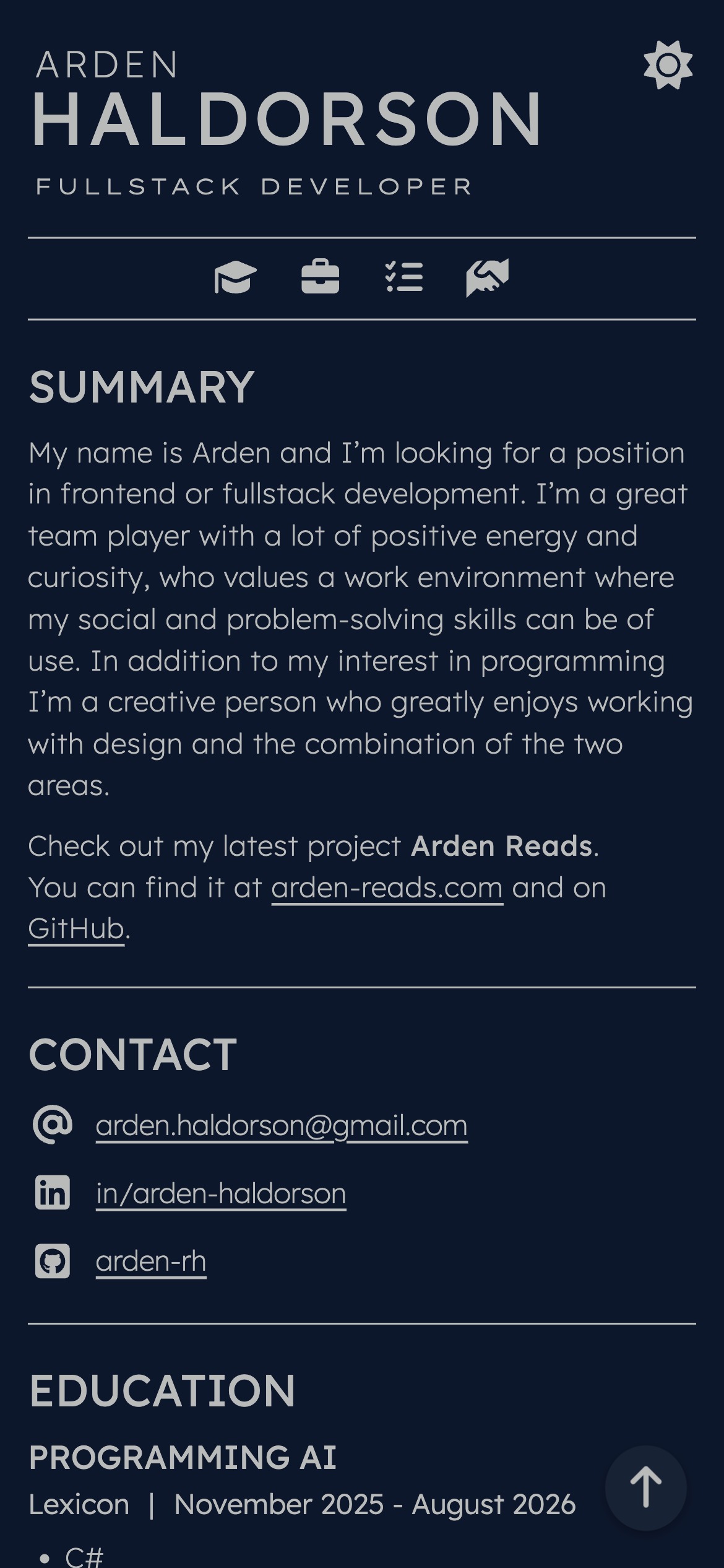 Screenshot of the CV project on mobile in dark mode