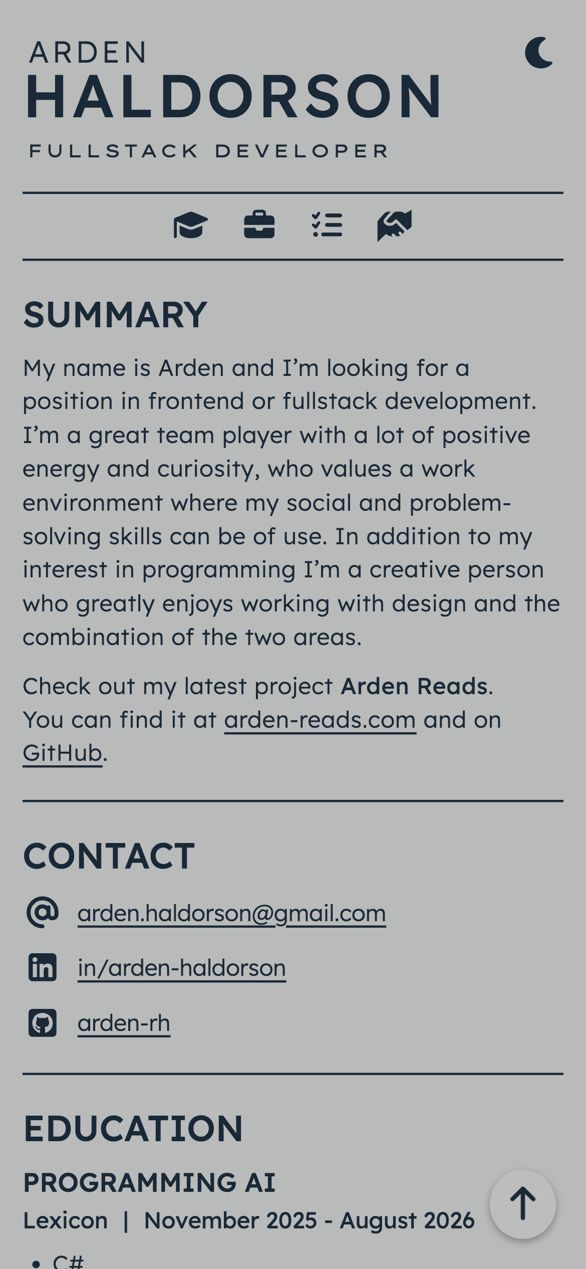 Screenshot of the CV project on mobile in light mode