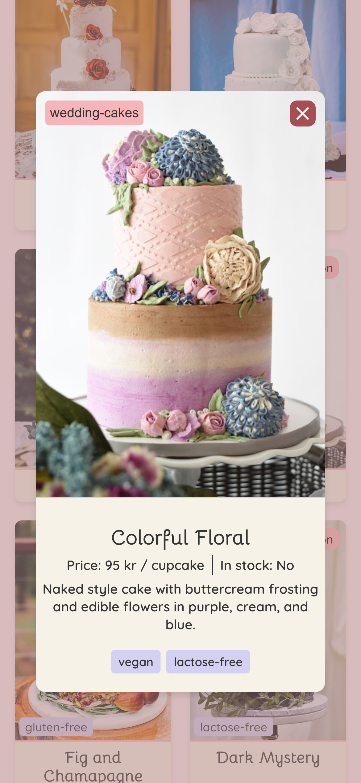 Screenshot of the Munamii Cakery product page on mobile, showing an individual product (wedding cake).